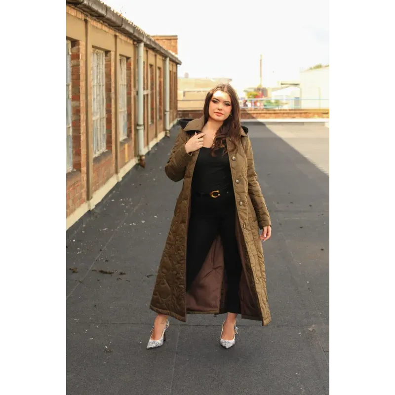 Quilted Single Breasted Longline Hooded Coat
