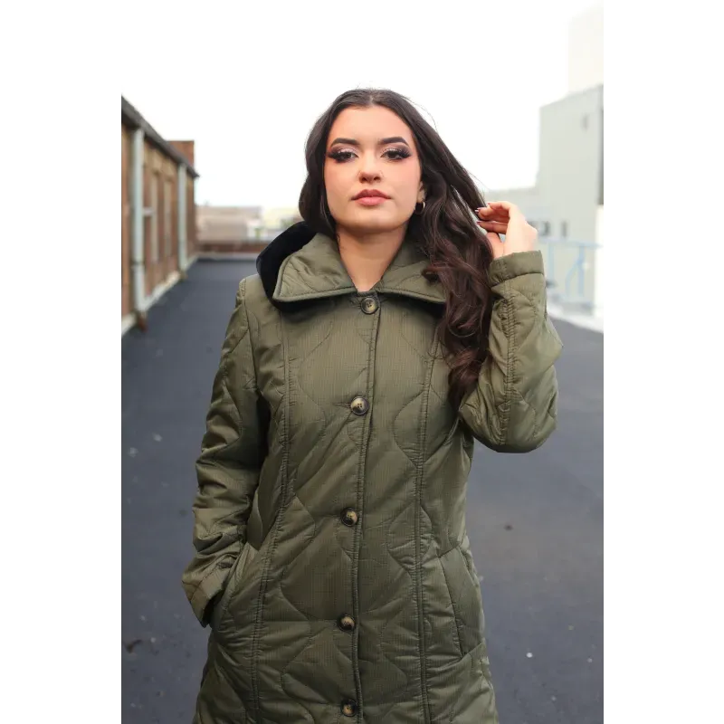 Quilted Single Breasted Longline Hooded Coat