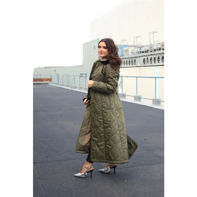 Quilted Single Breasted Longline Hooded Coat