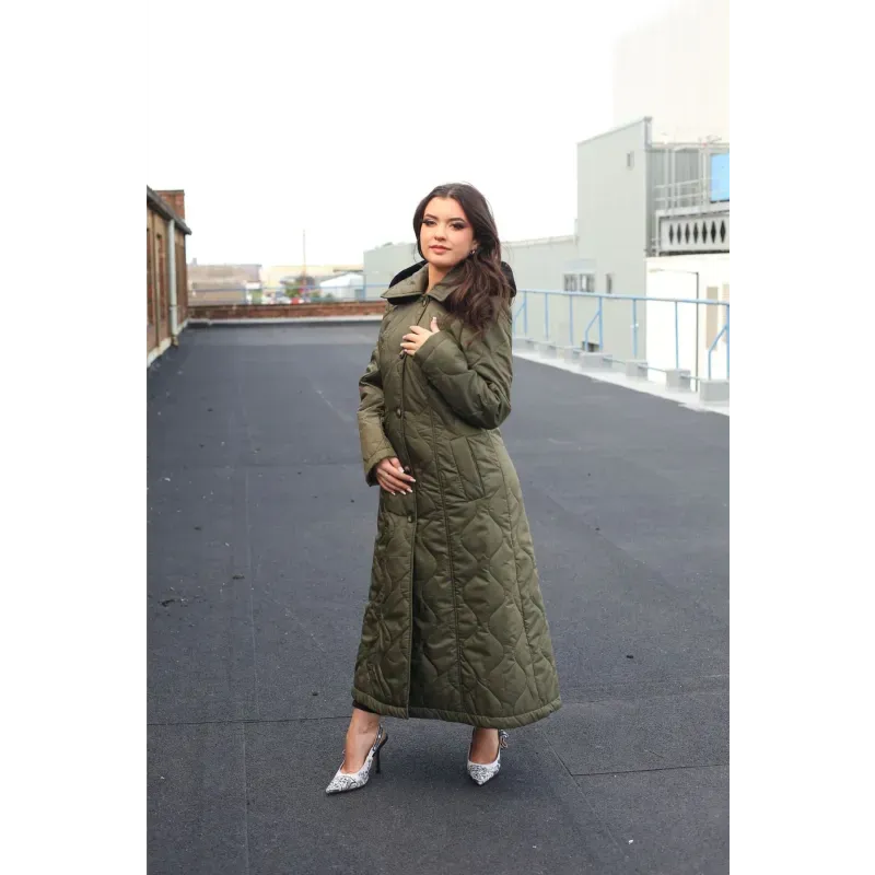 Quilted Single Breasted Longline Hooded Coat