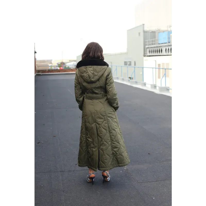 Quilted Single Breasted Longline Hooded Coat