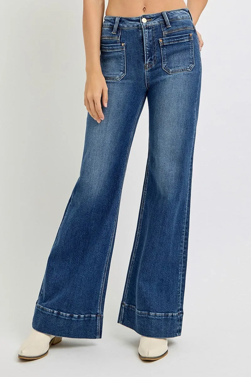 Risen Jeans - High Rise Wide Flare Patch Pocket Jeans - PW21004