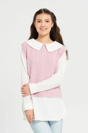 Senior Girls Pink And White Peter Pan Collar Twofer Pullover