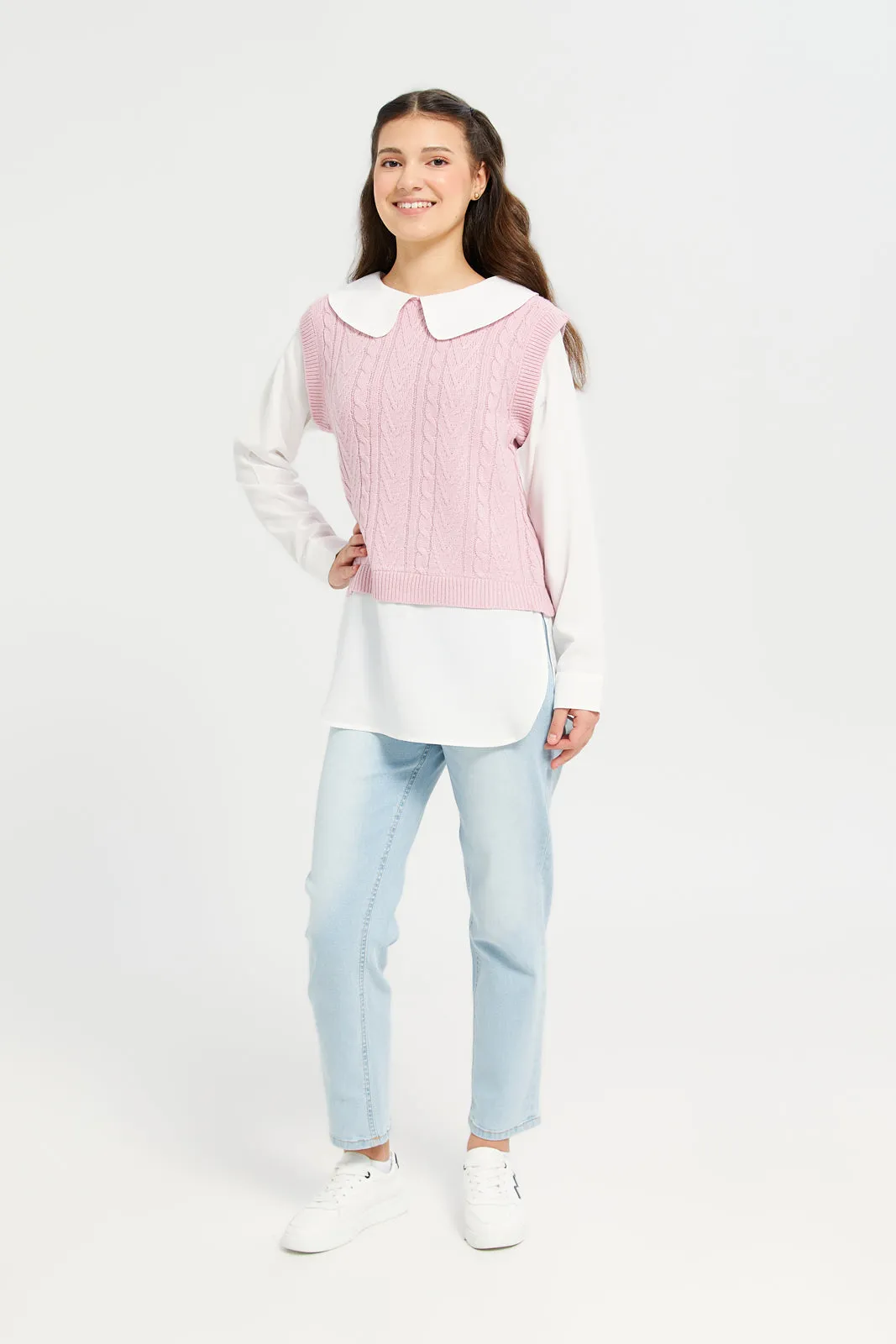 Senior Girls Pink And White Peter Pan Collar Twofer Pullover