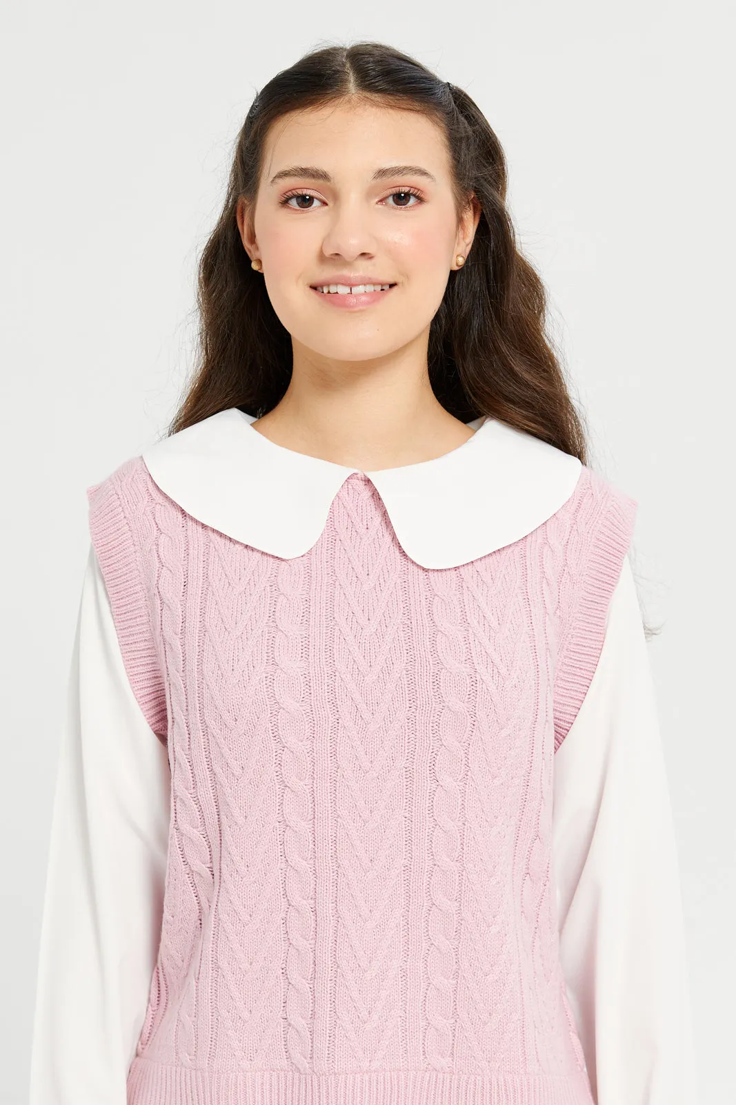Senior Girls Pink And White Peter Pan Collar Twofer Pullover
