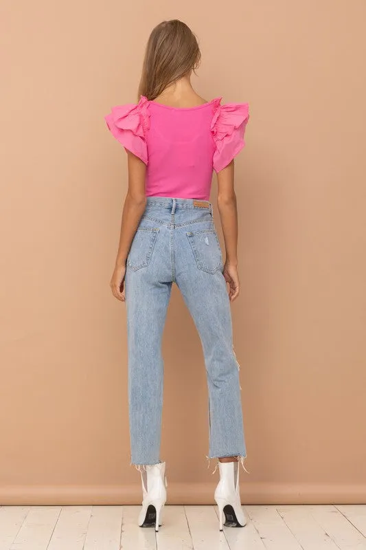 Shoulder Puff Ruffle Sleeve Bodysuit (3 Colors)