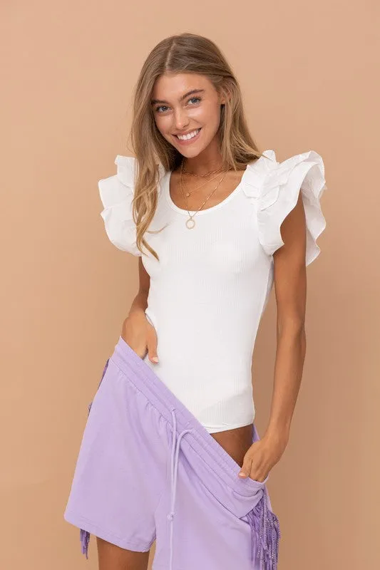 Shoulder Puff Ruffle Sleeve Bodysuit (3 Colors)