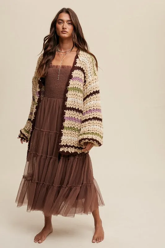 Striped Hand Knit Slouchy Open Cardigan