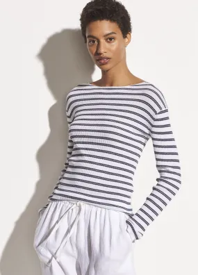 Striped Ribbed Boat Neck in Optic White/Marine