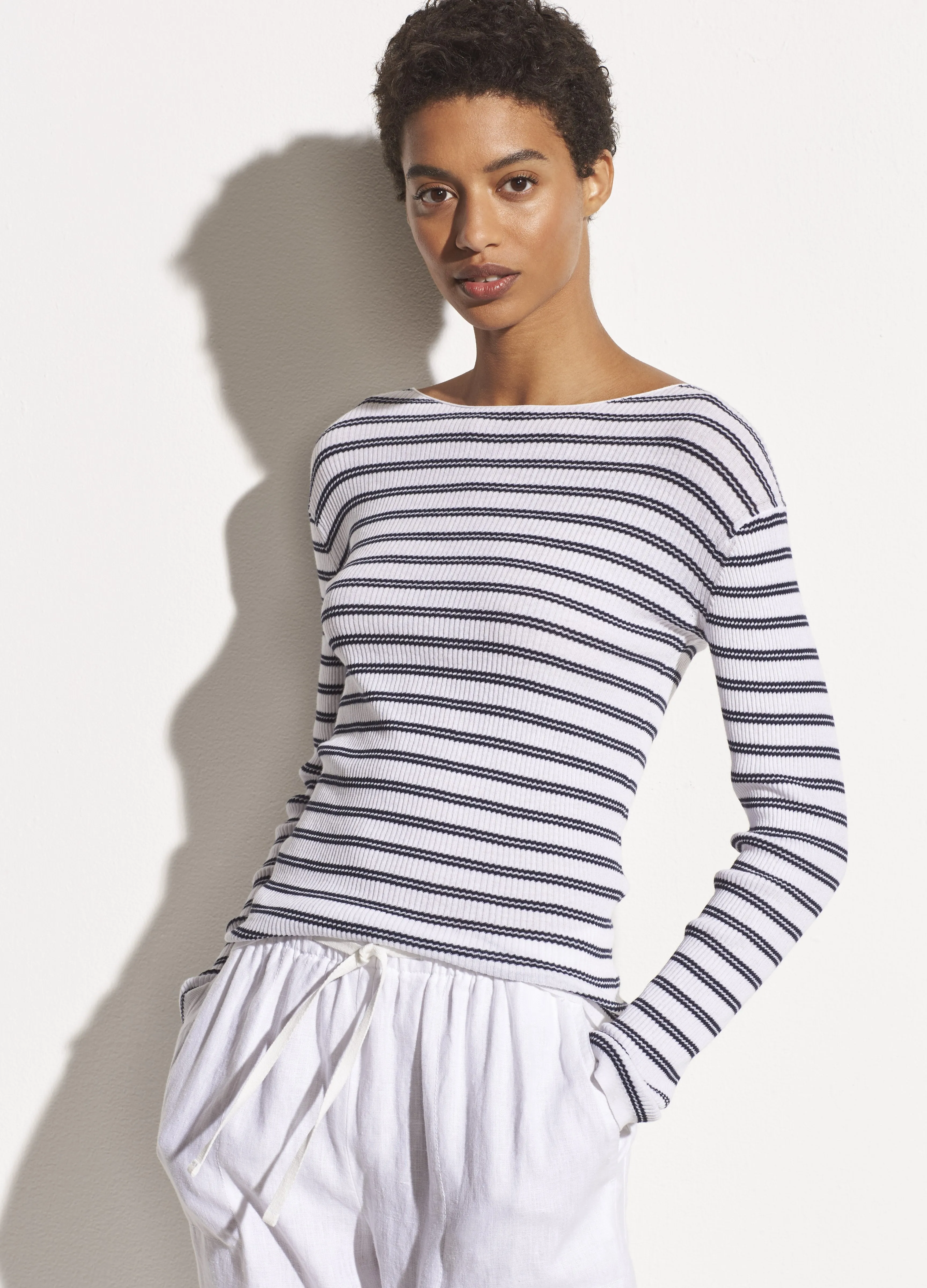 Striped Ribbed Boat Neck in Optic White/Marine