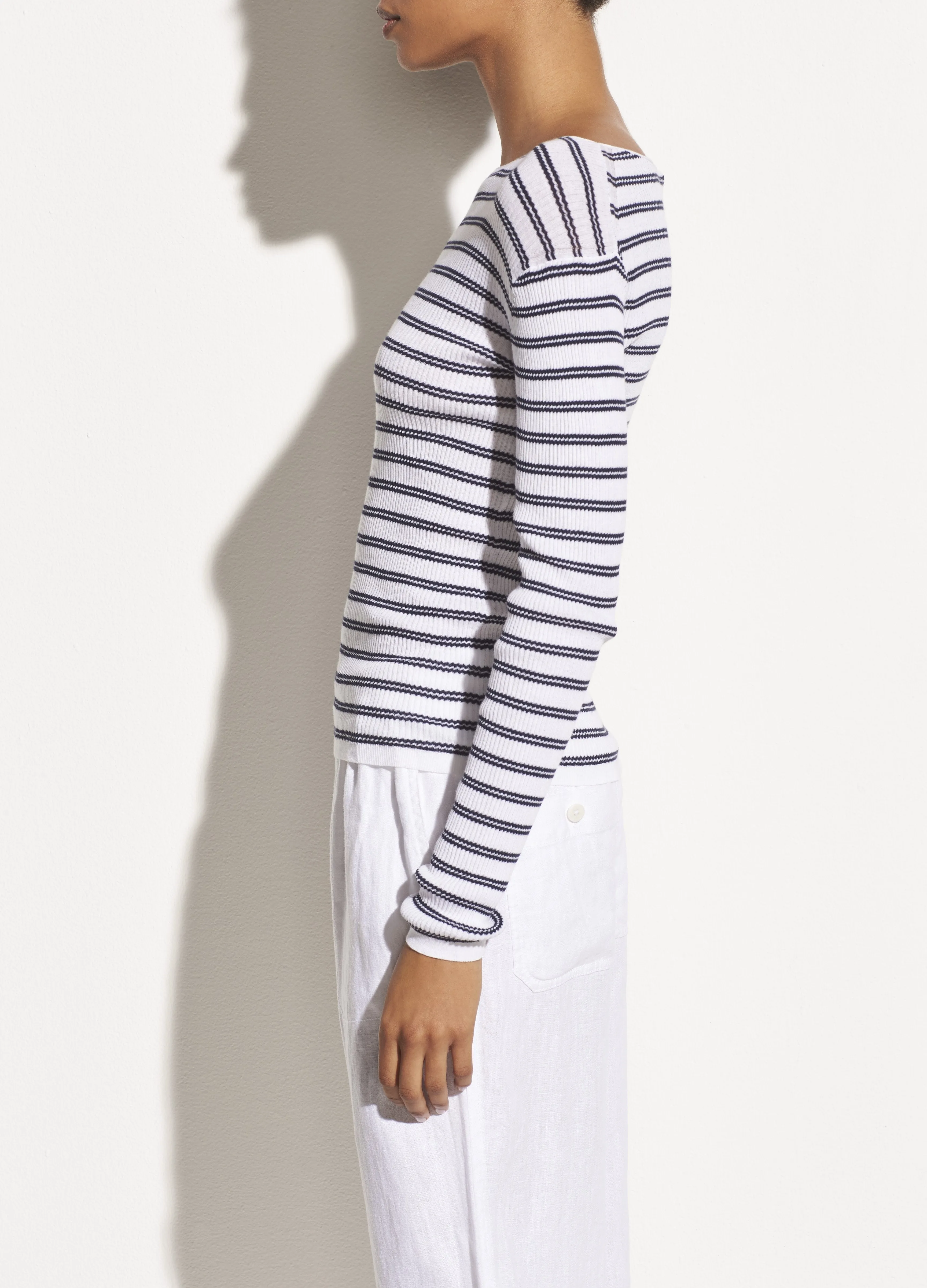 Striped Ribbed Boat Neck in Optic White/Marine