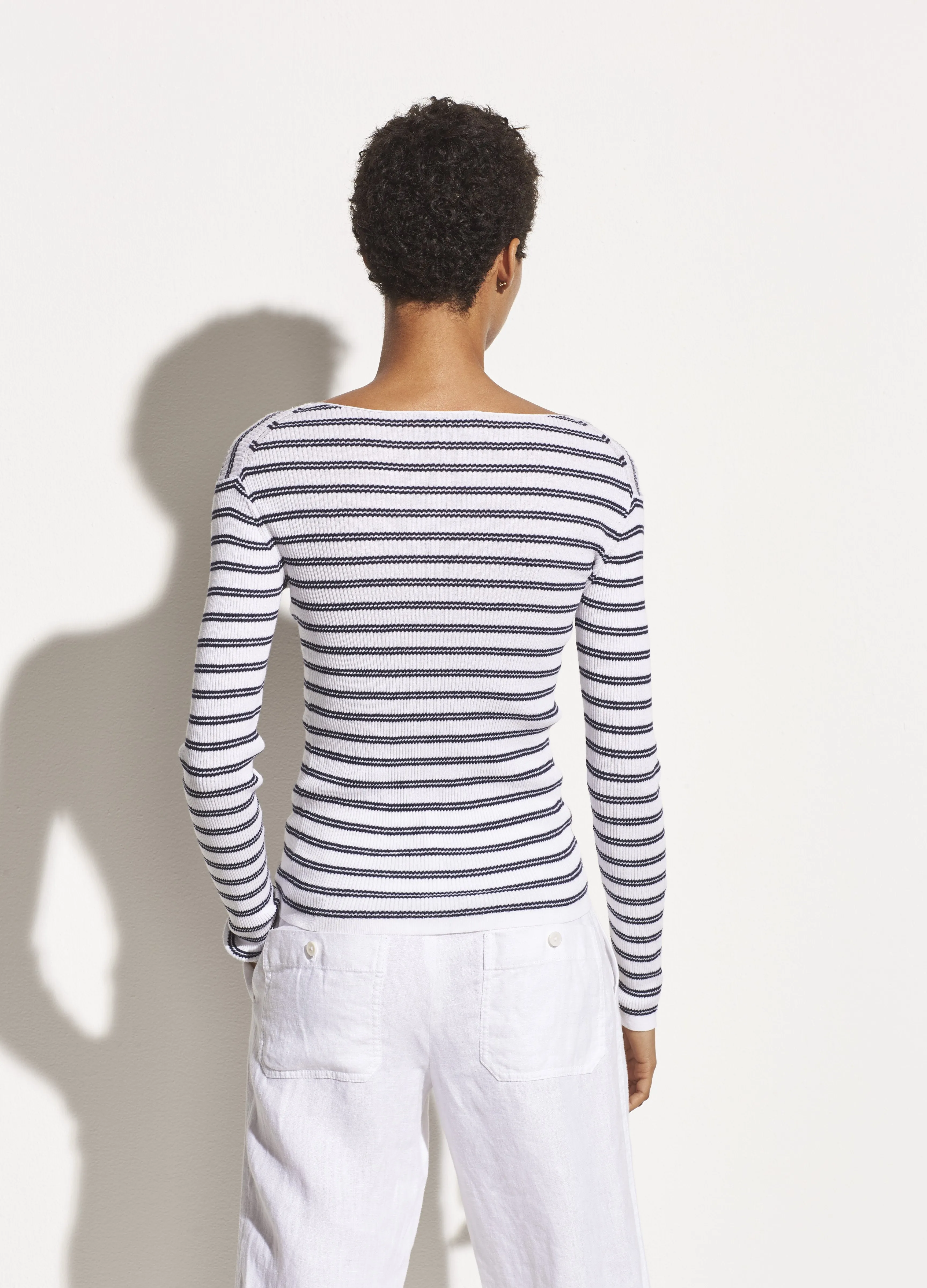 Striped Ribbed Boat Neck in Optic White/Marine