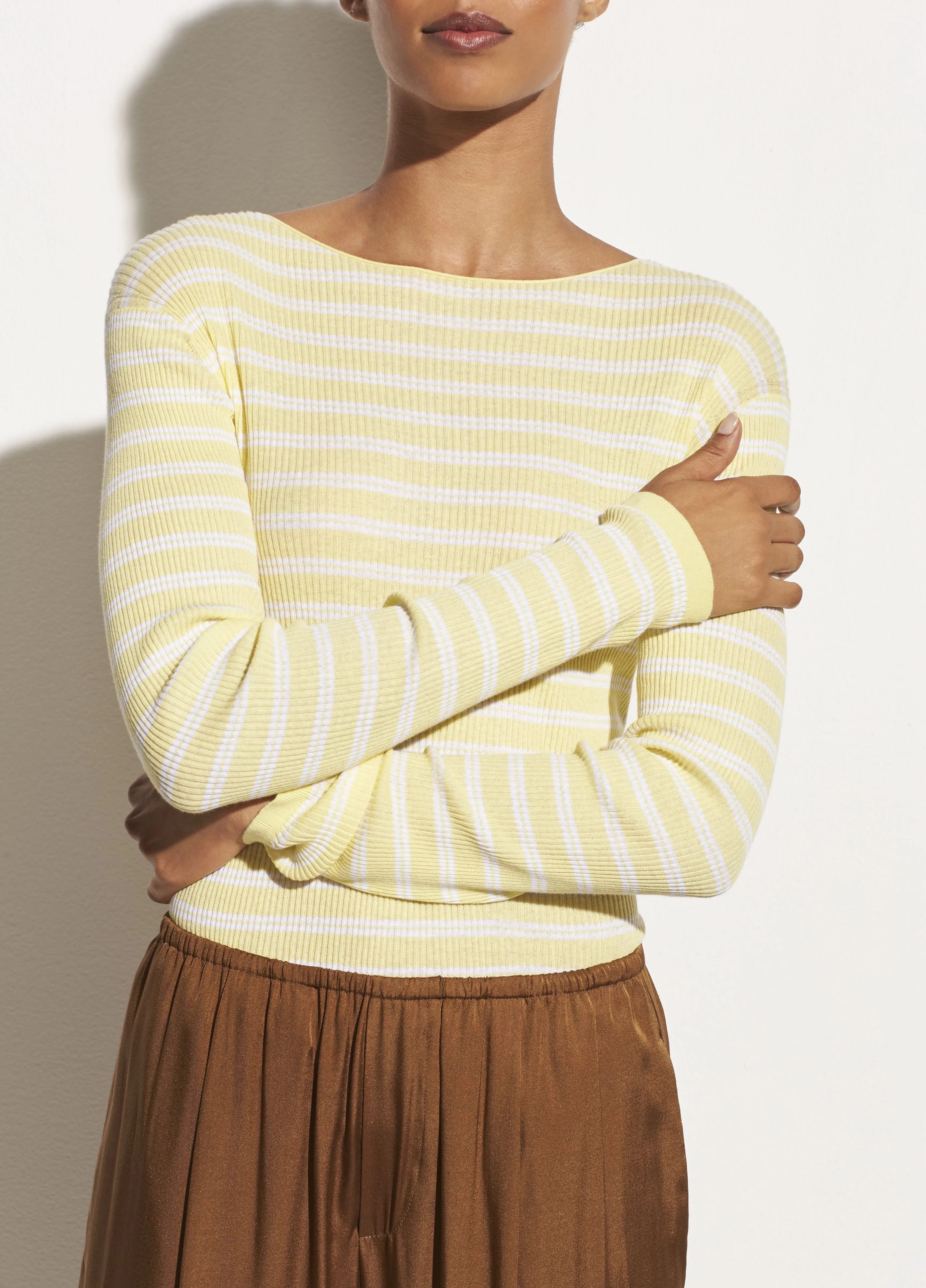 Striped Ribbed Boatneck in Soft Yellow/Optic White