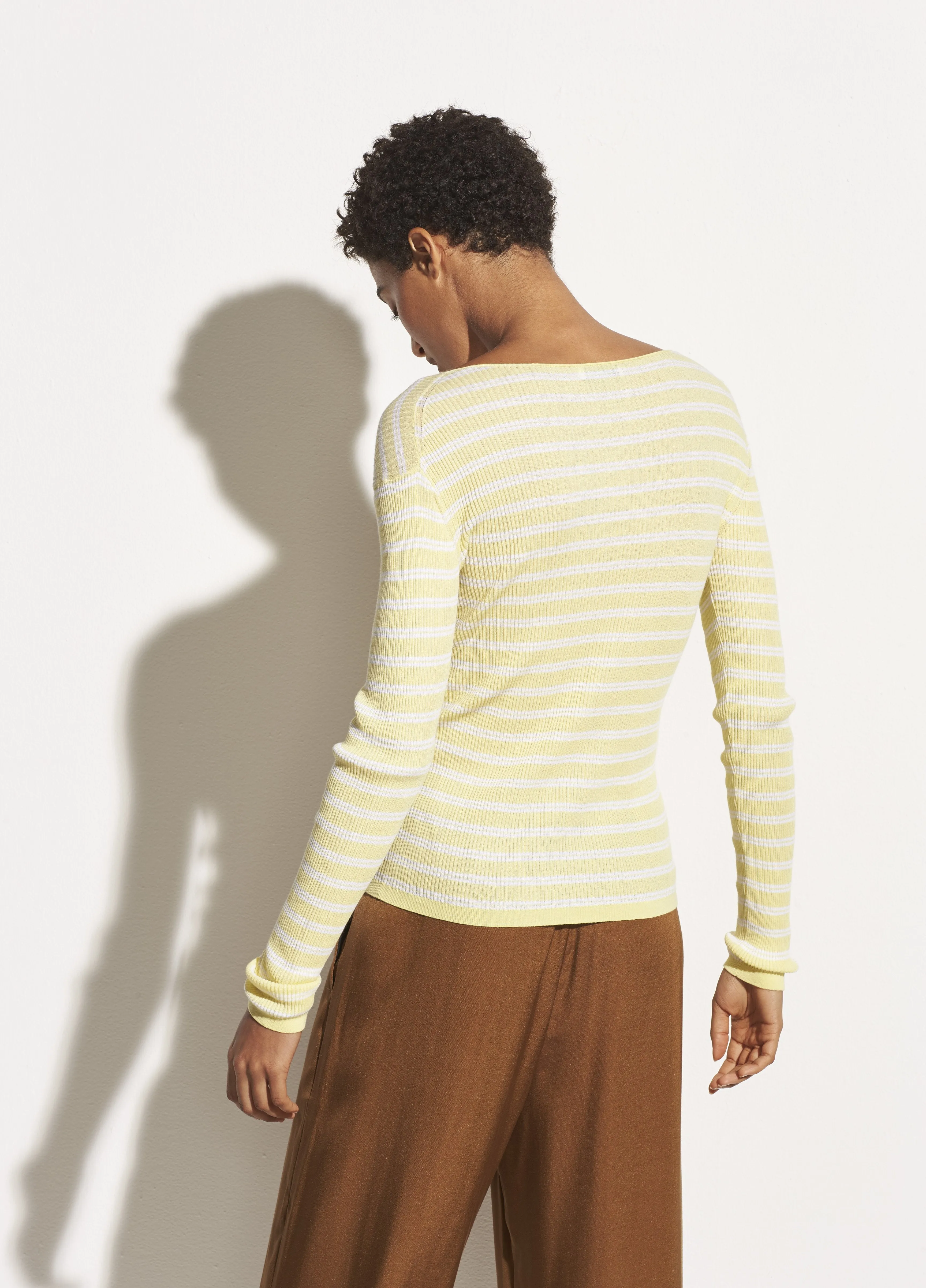 Striped Ribbed Boatneck in Soft Yellow/Optic White