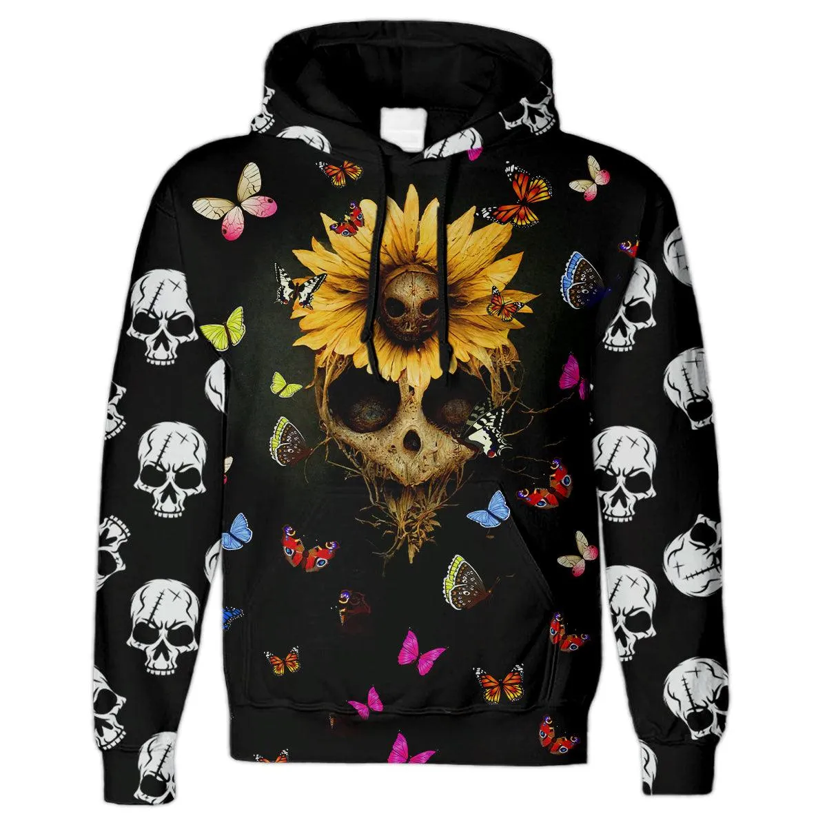 Sunflower Gothic Skull All Over Print Unisex Pullover Hoodie