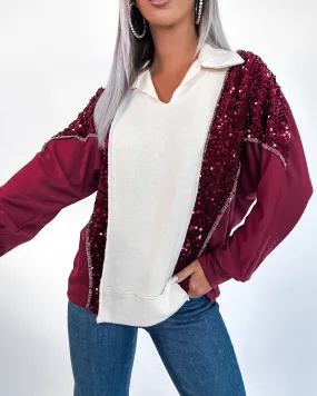 Take A Second Colorblock Pullover- Burgundy