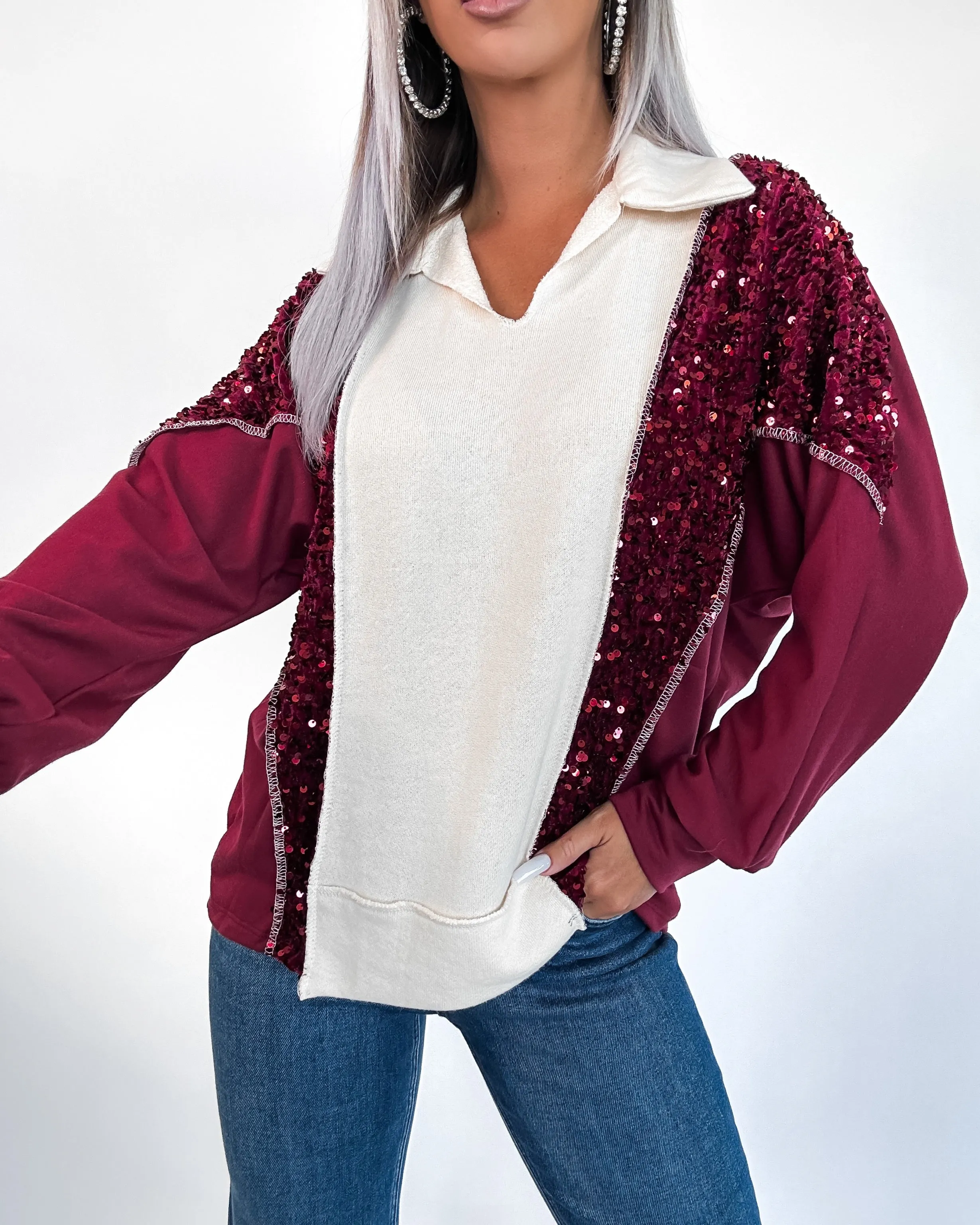 Take A Second Colorblock Pullover- Burgundy