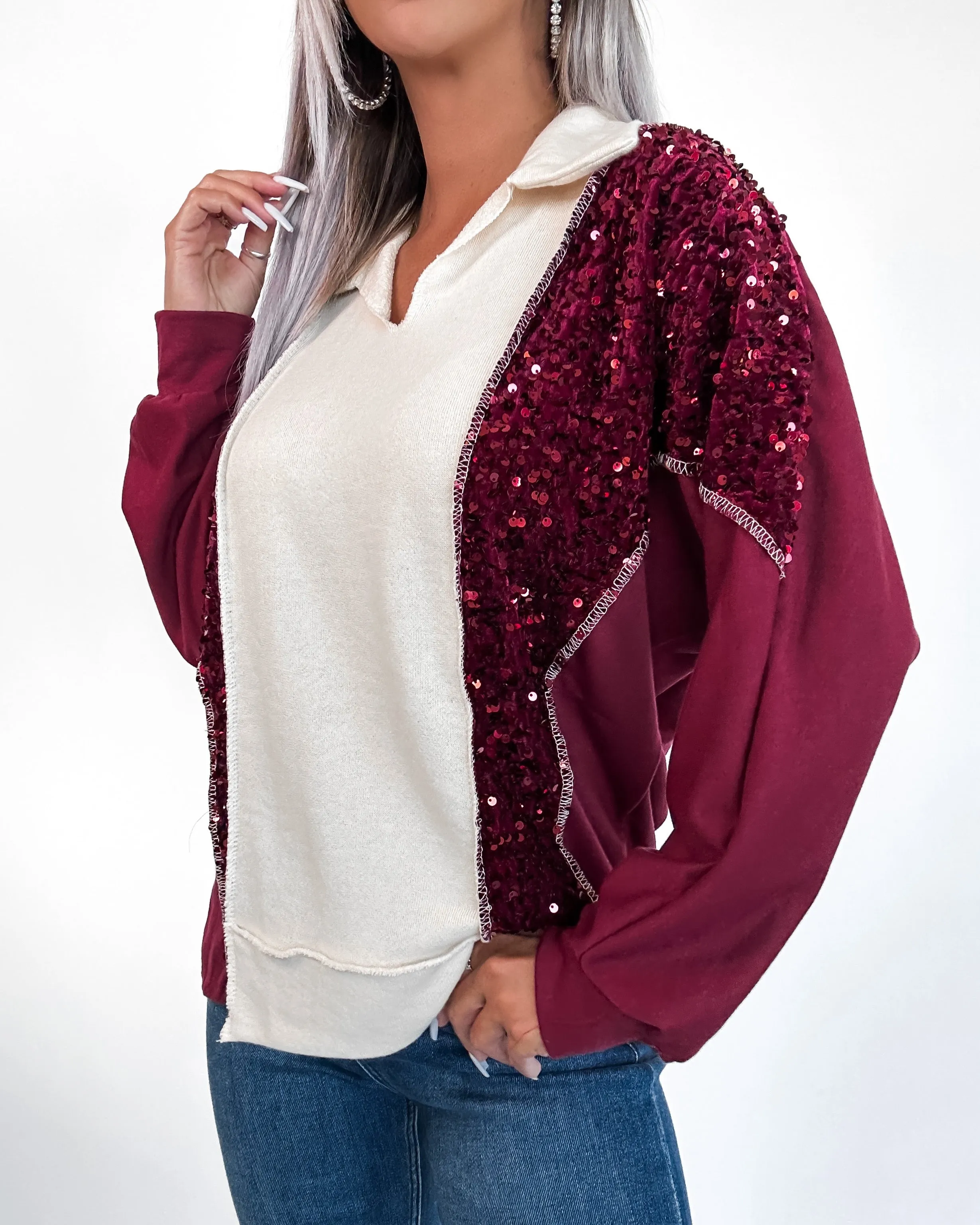 Take A Second Colorblock Pullover- Burgundy