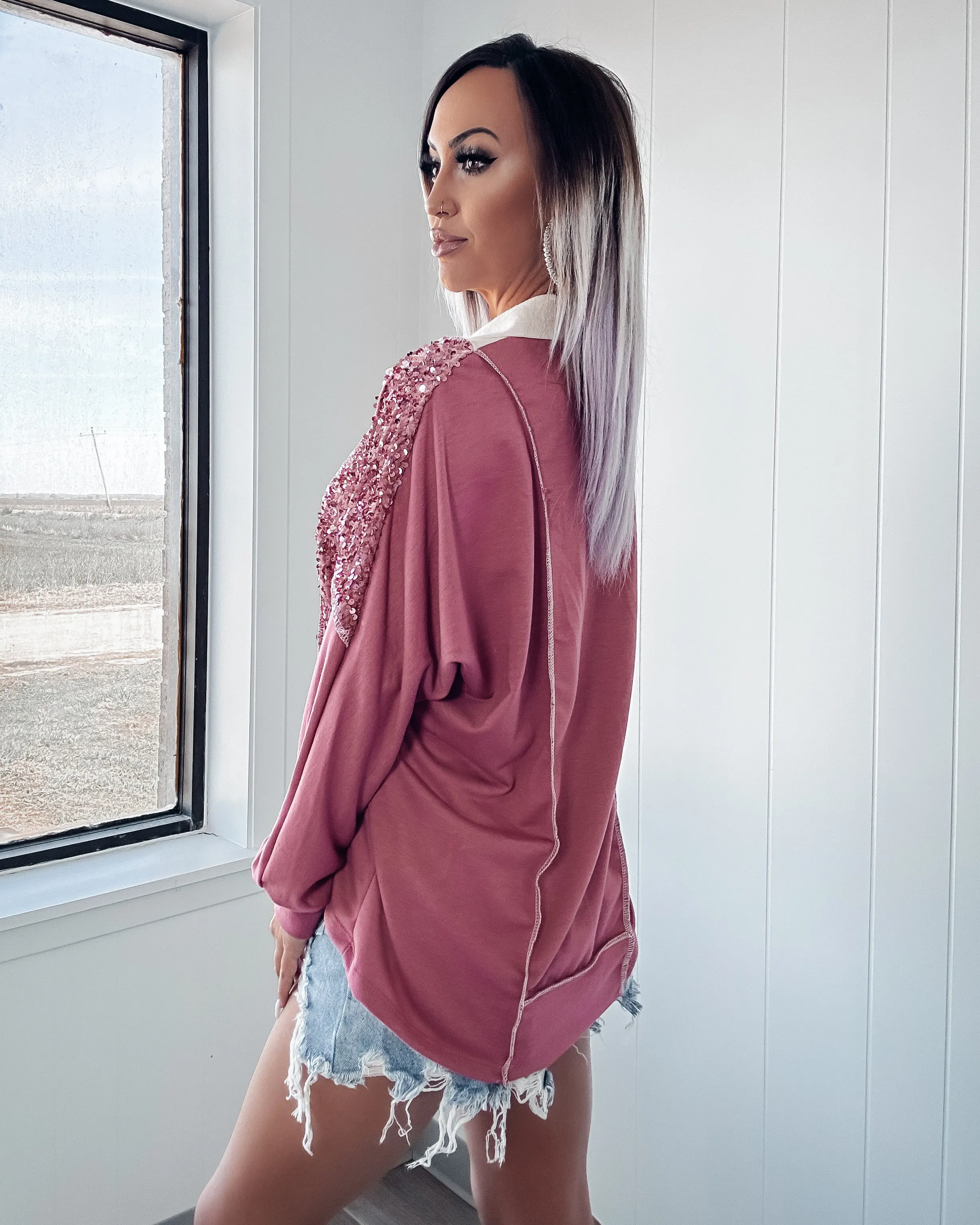 Take A Second Colorblock Pullover- Mauve