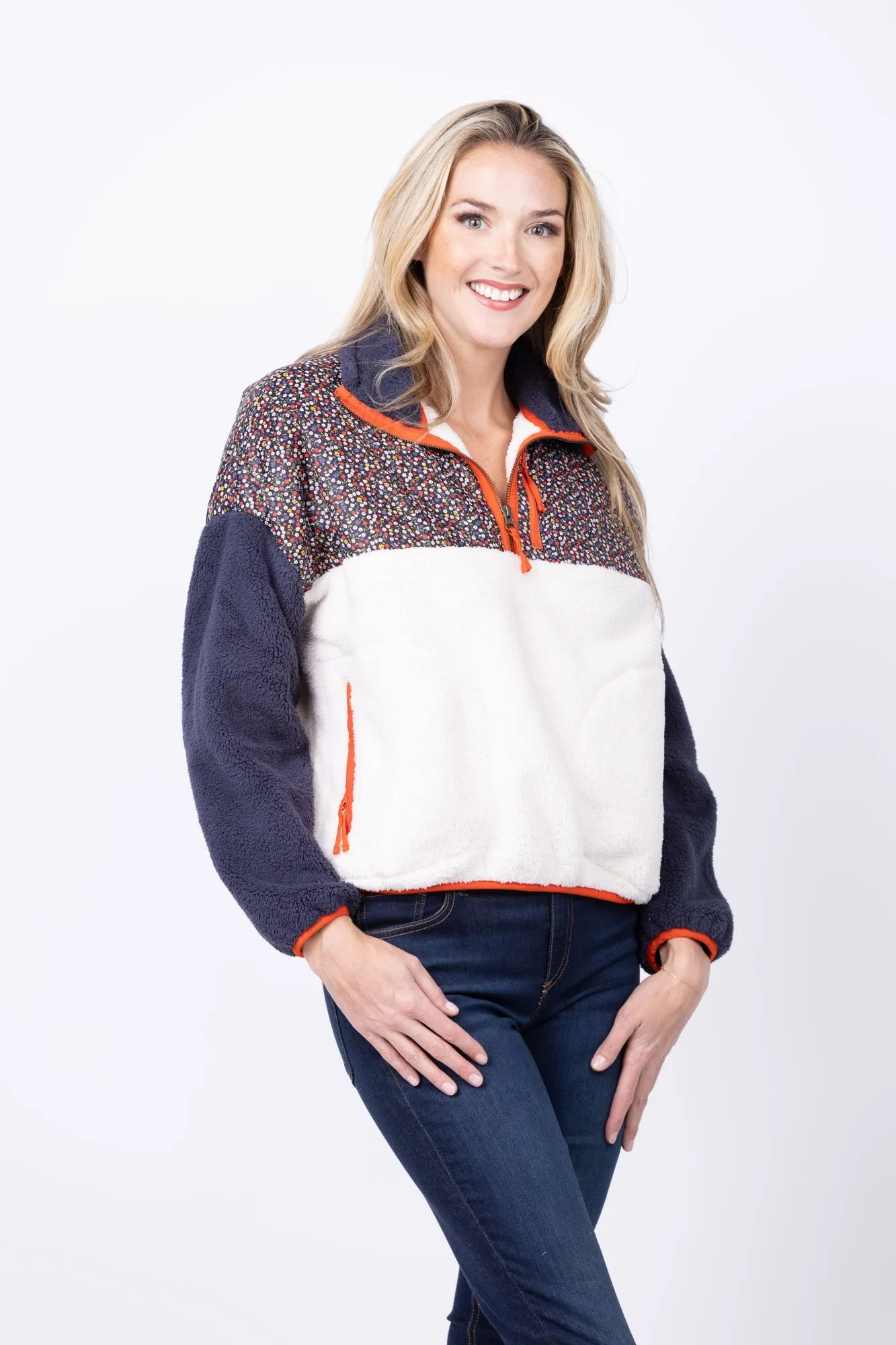 The Great.  The Plush Colorblock Terrain Half-Zip Pullover in Mountain View Floral / Chalk