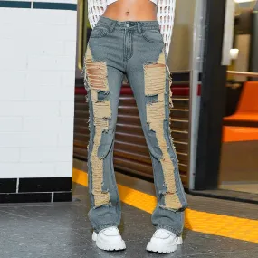 Trend Ripped Denim Woman Casual High  Jeans