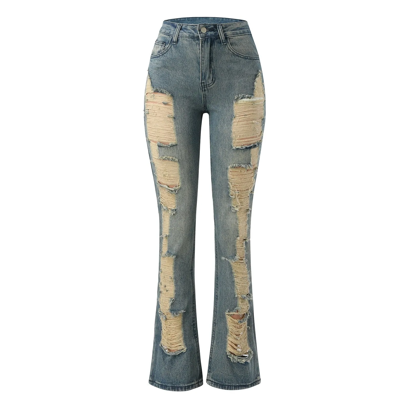 Trend Ripped Denim Woman Casual High  Jeans
