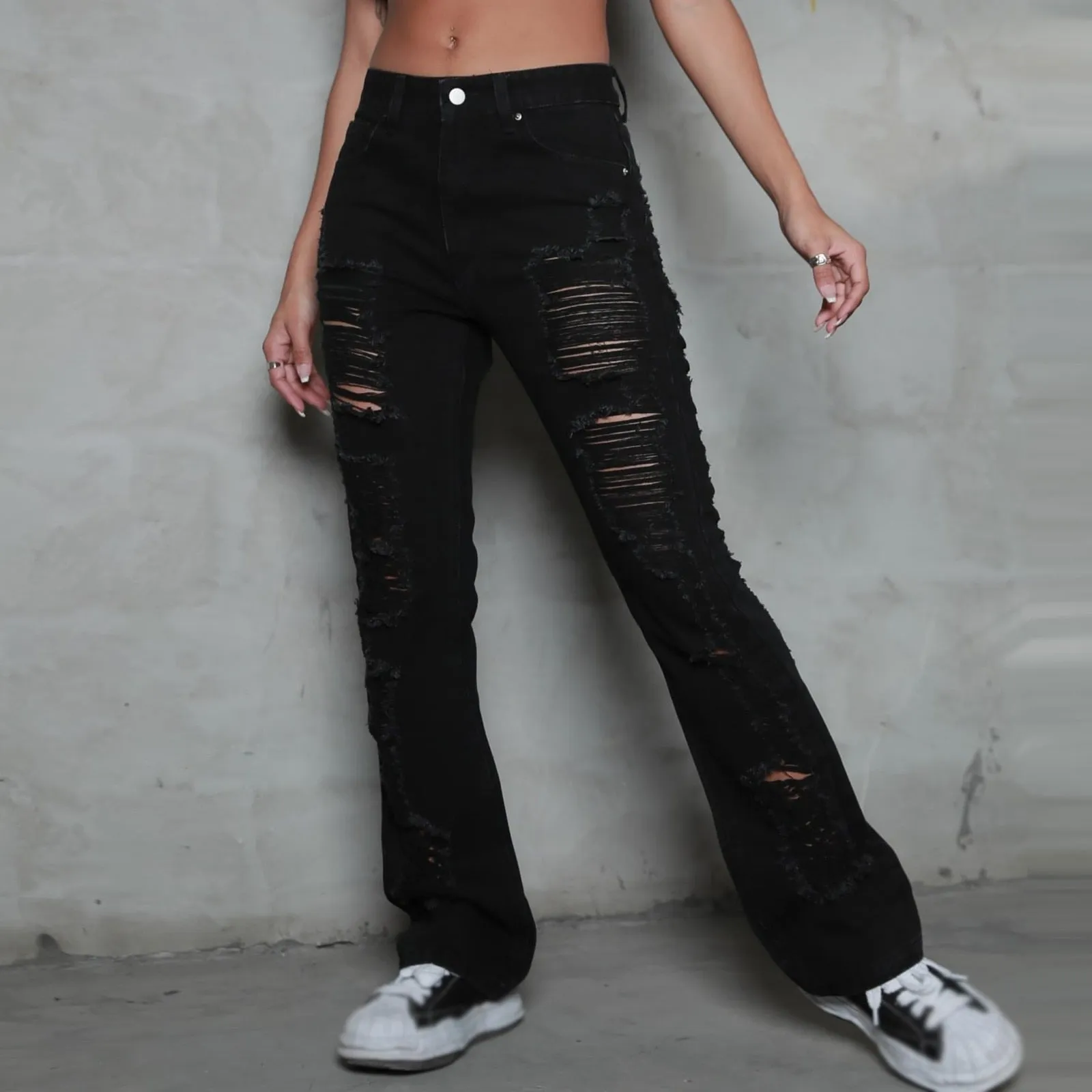 Trend Ripped Denim Woman Casual High  Jeans