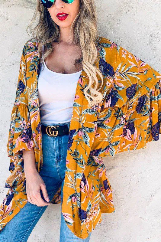 Tropical Printed Bell Sleeve Kimono Cardigan