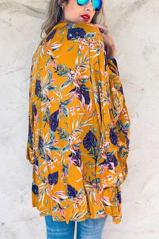 Tropical Printed Bell Sleeve Kimono Cardigan