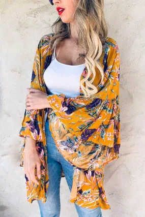 Tropical Printed Bell Sleeve Kimono Cardigan