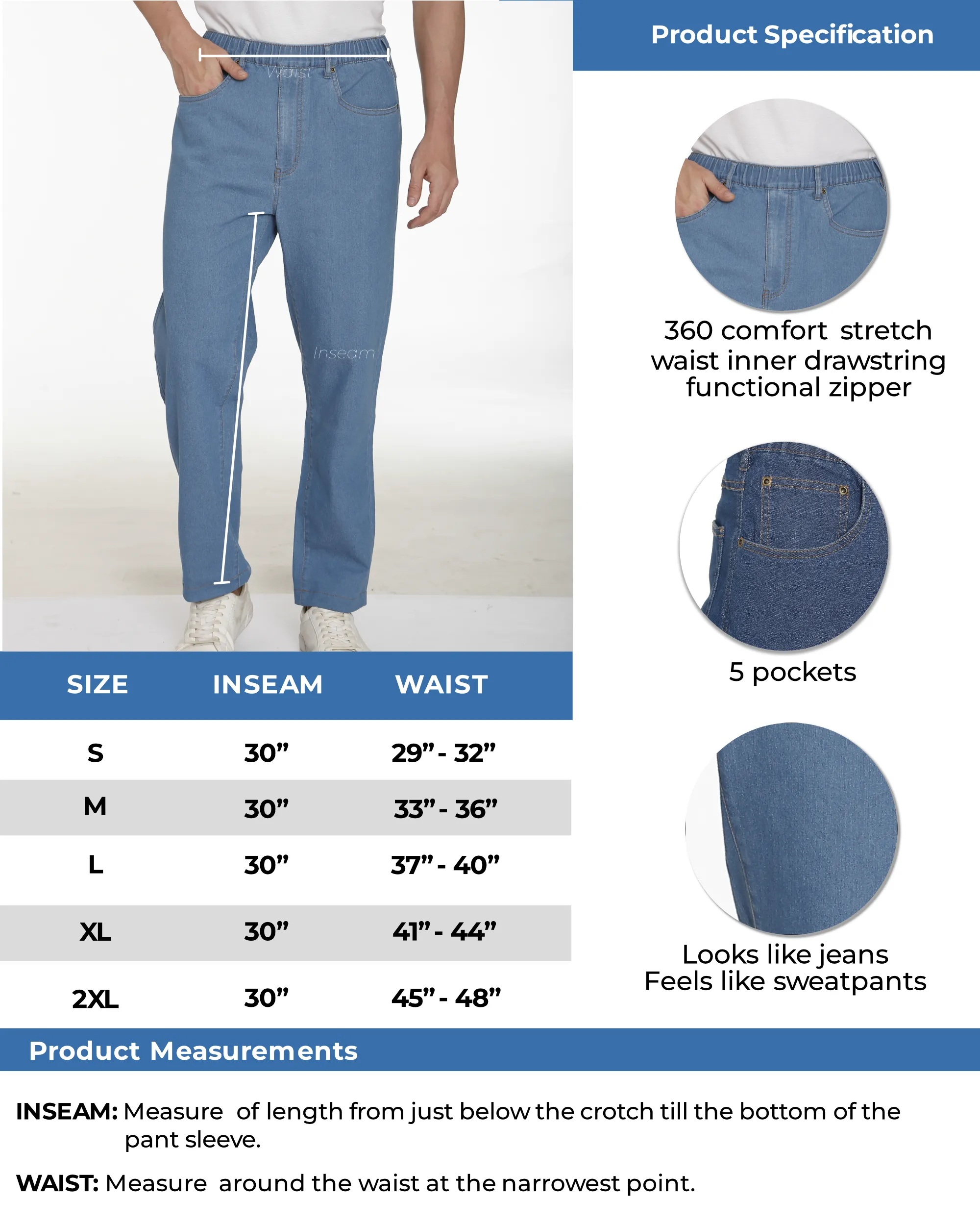 Turtle Bay New York Men's Casual Elastic Waist Denim & Twill Pull on Jeans Pants