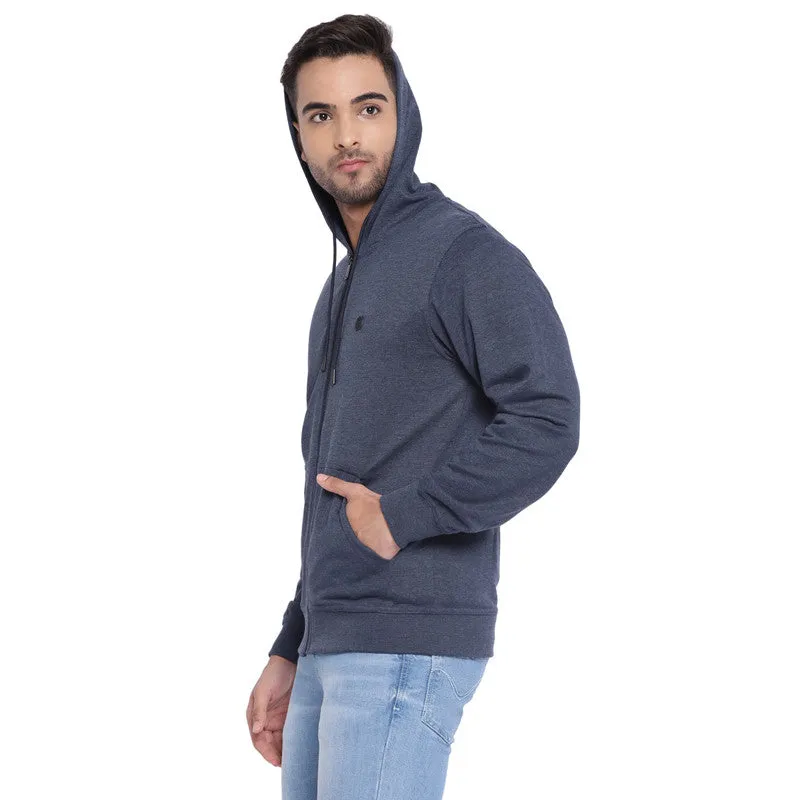 Turtle Men Essential Blue Melange Solid Hooded SweatShirt