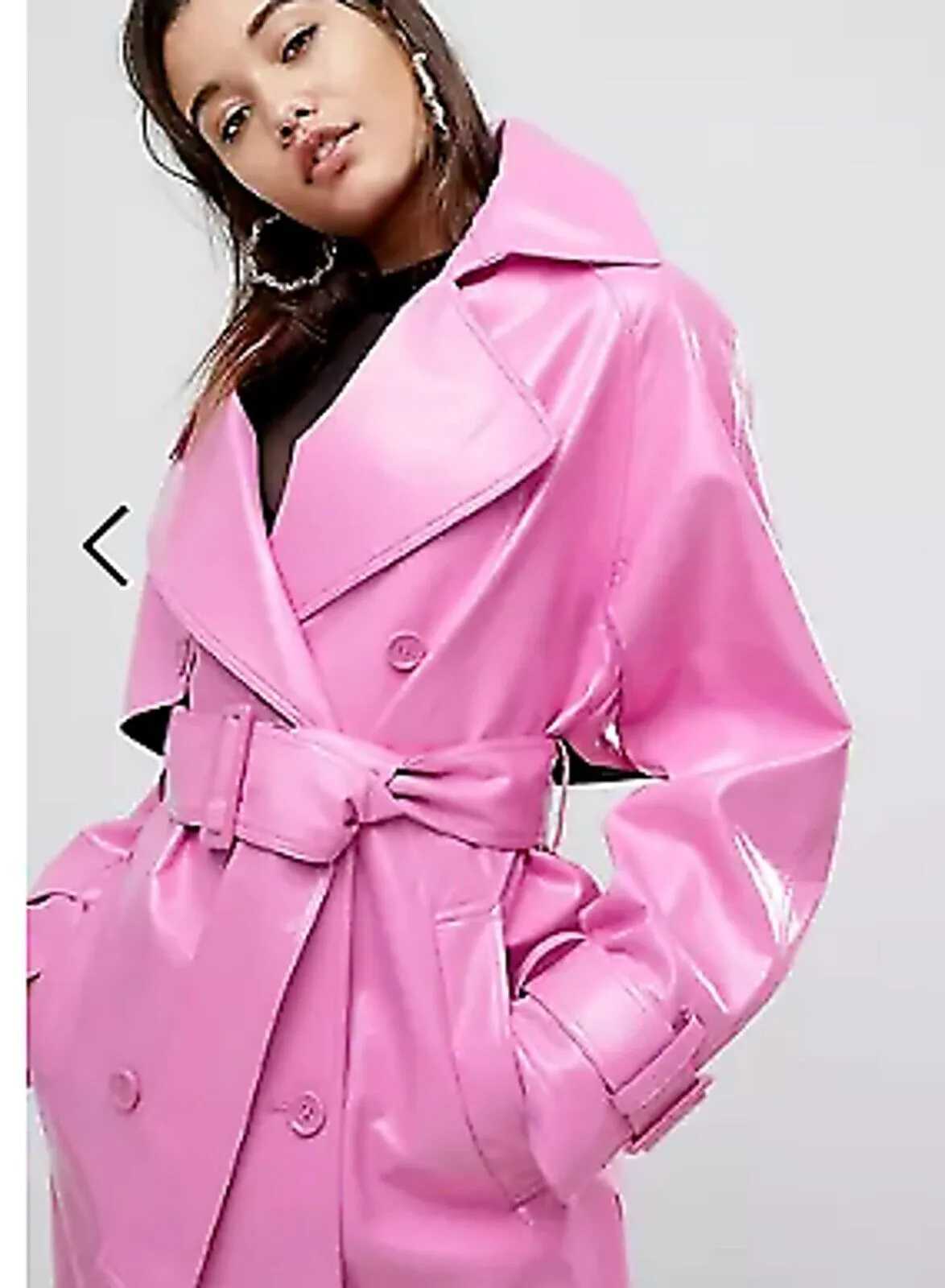 Uli Pink Leather Long Trench Coat Women Outfit