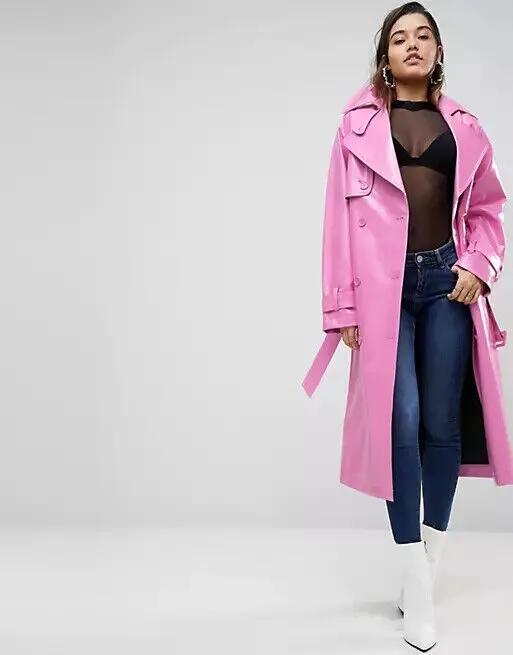 Uli Pink Leather Long Trench Coat Women Outfit