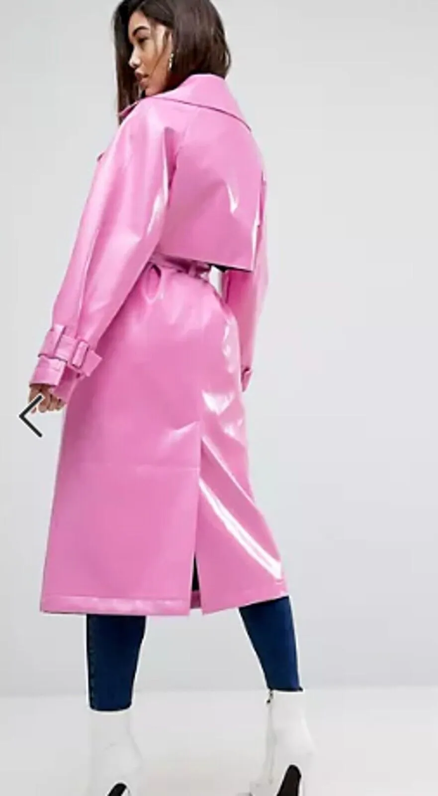 Uli Pink Leather Long Trench Coat Women Outfit