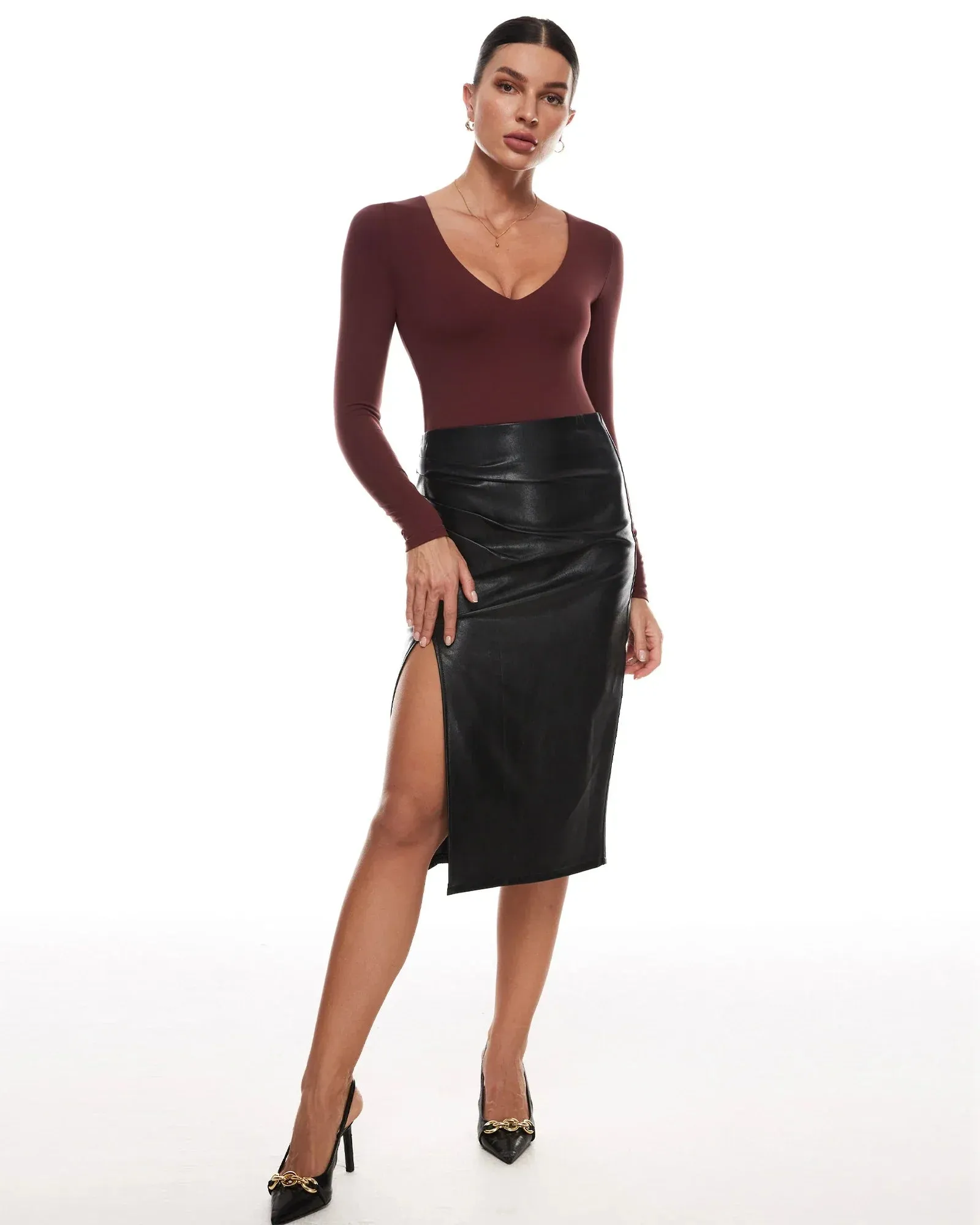 V-Neck Long Sleeve Thong Bodysuit for Women