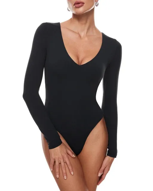 V-Neck Long Sleeve Thong Bodysuit for Women