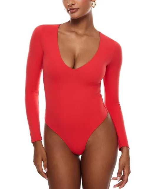 V-Neck Long Sleeve Thong Bodysuit for Women