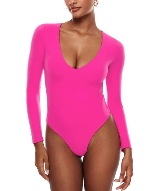 V-Neck Long Sleeve Thong Bodysuit for Women