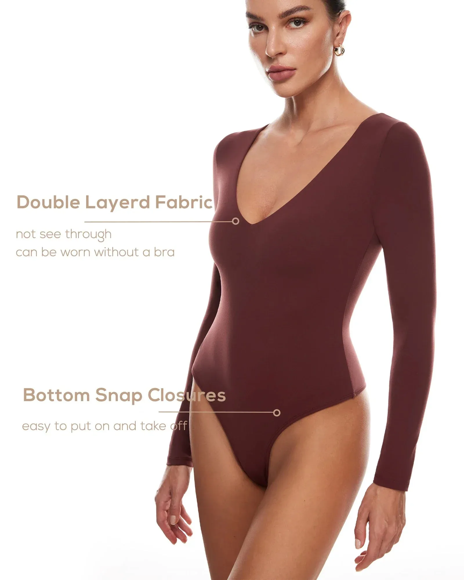 V-Neck Long Sleeve Thong Bodysuit for Women