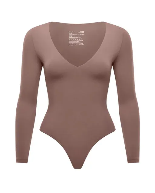 V-Neck Long Sleeve Thong Bodysuit for Women