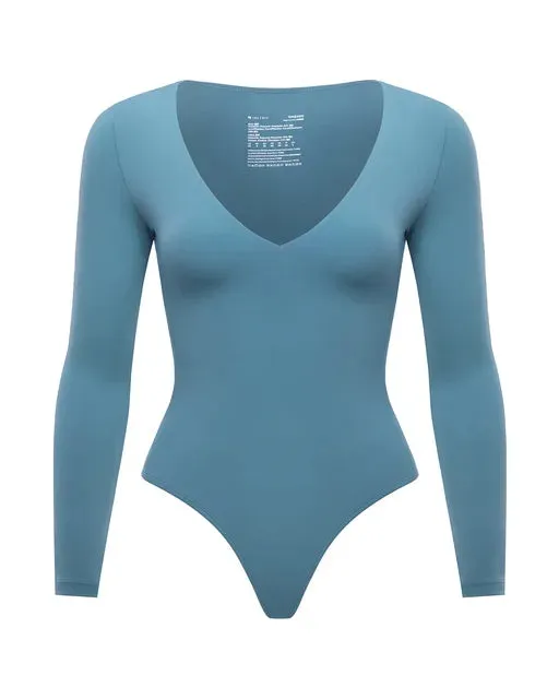 V-Neck Long Sleeve Thong Bodysuit for Women