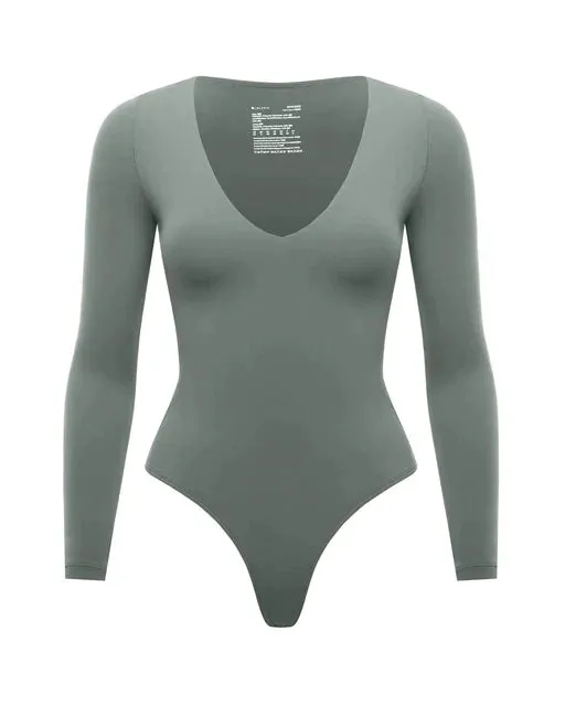 V-Neck Long Sleeve Thong Bodysuit for Women