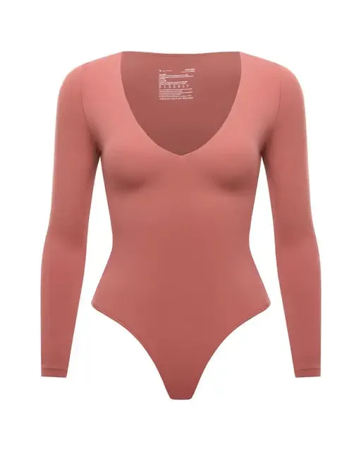 V-Neck Long Sleeve Thong Bodysuit for Women