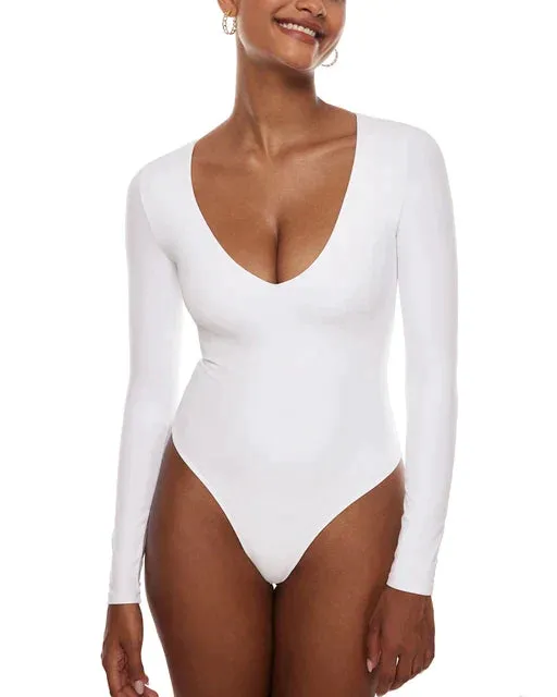 V-Neck Long Sleeve Thong Bodysuit for Women