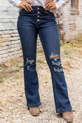 Washed Distressed Flare Bottom Jeans