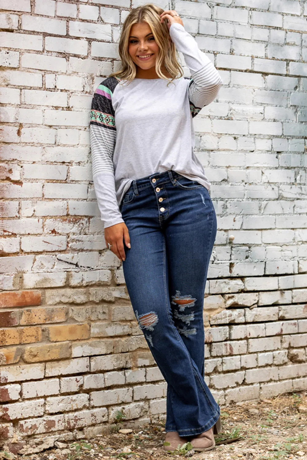 Washed Distressed Flare Bottom Jeans