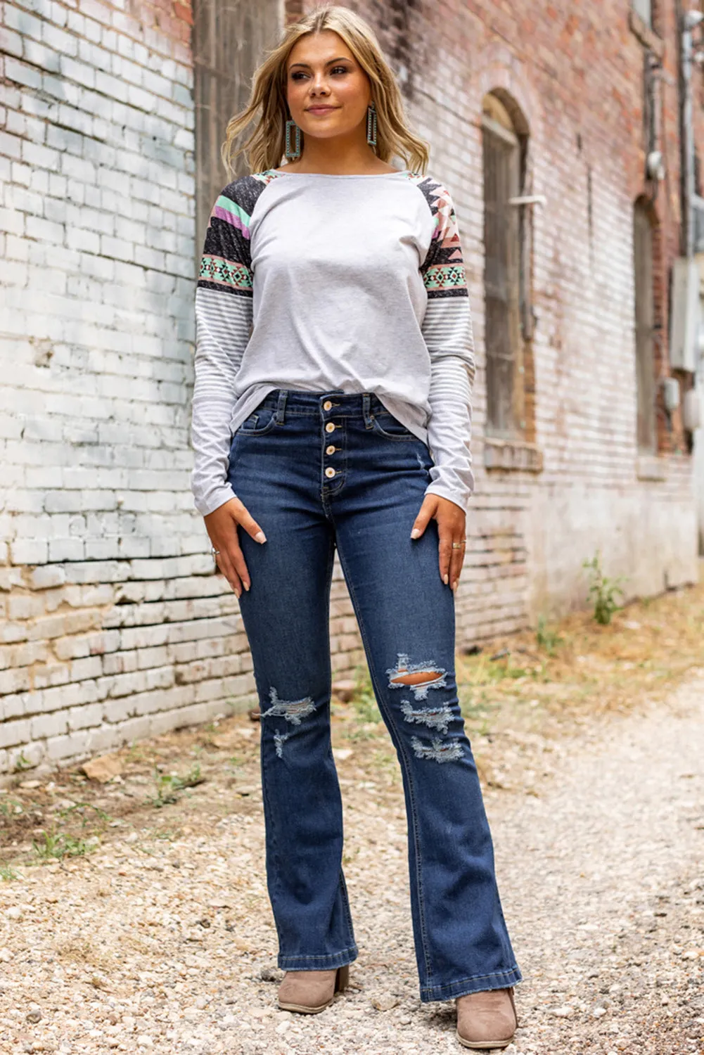 Washed Distressed Flare Bottom Jeans