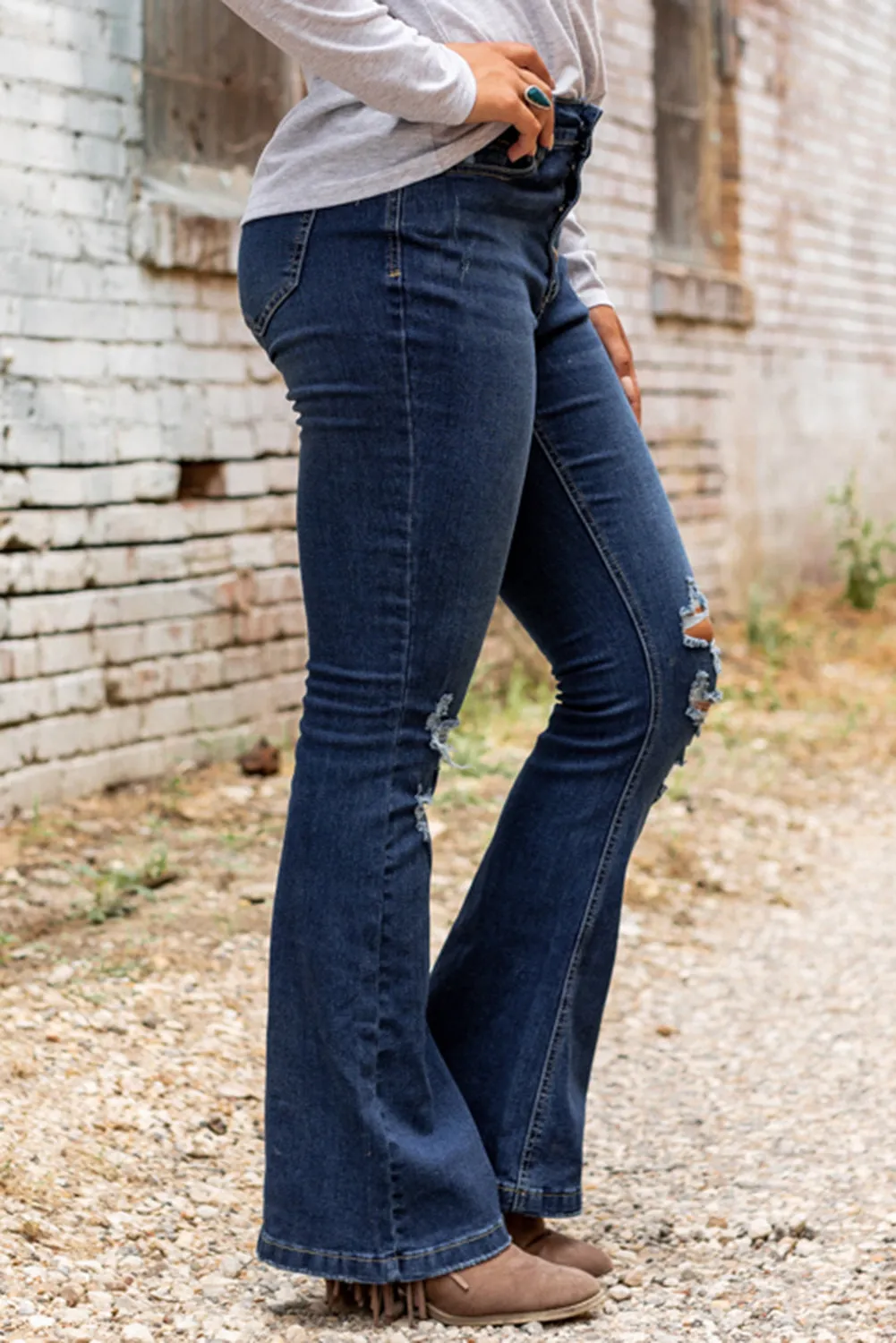 Washed Distressed Flare Bottom Jeans