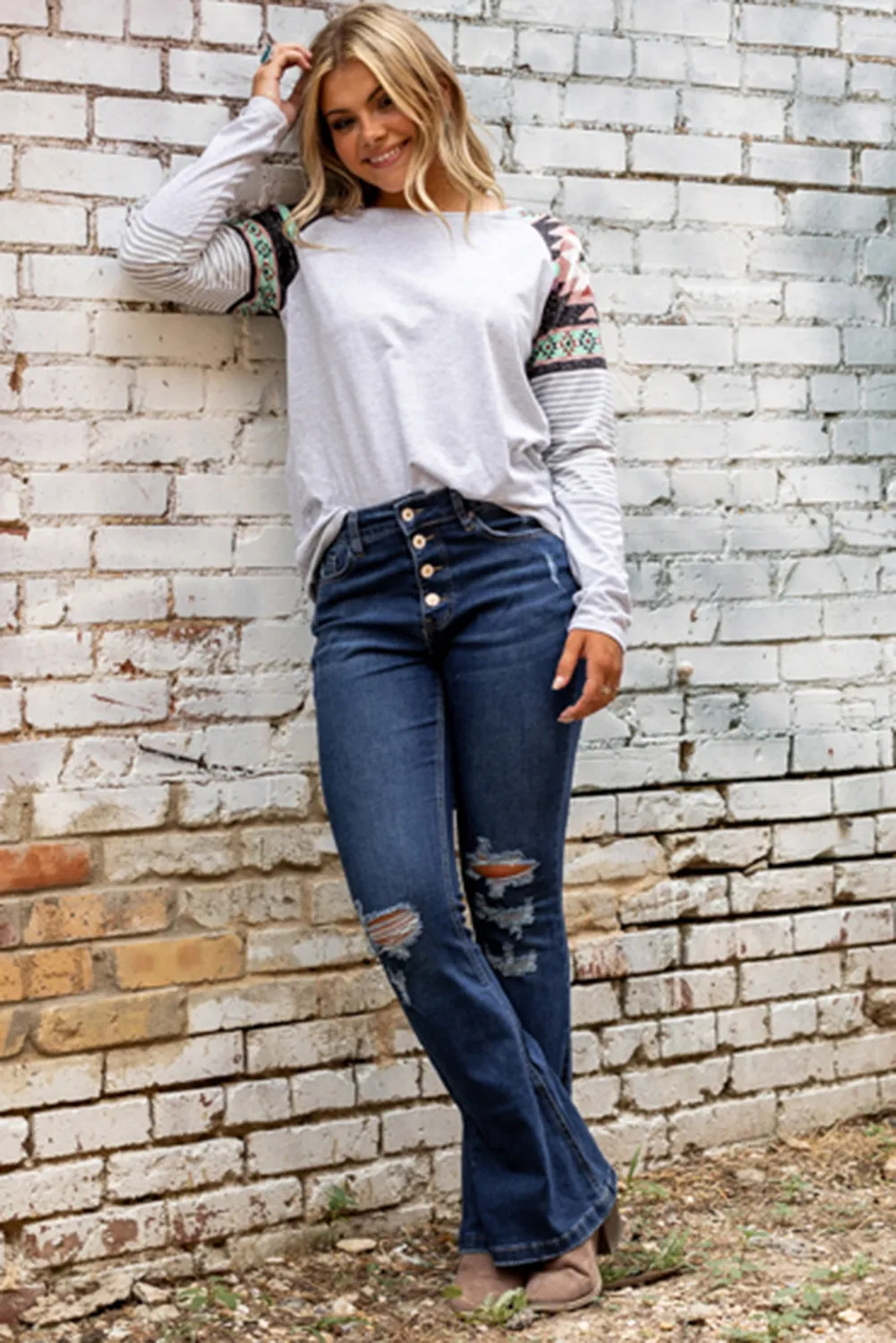 Washed Distressed Flare Bottom Jeans